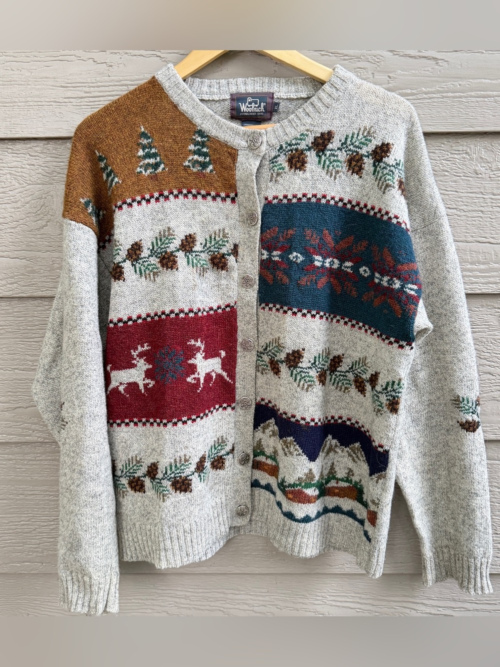 Vintage Woolrich Sweater Women XL Gray Wool Cardigan Fair Isle Deer Mountain 90s - Picture 1 of 13